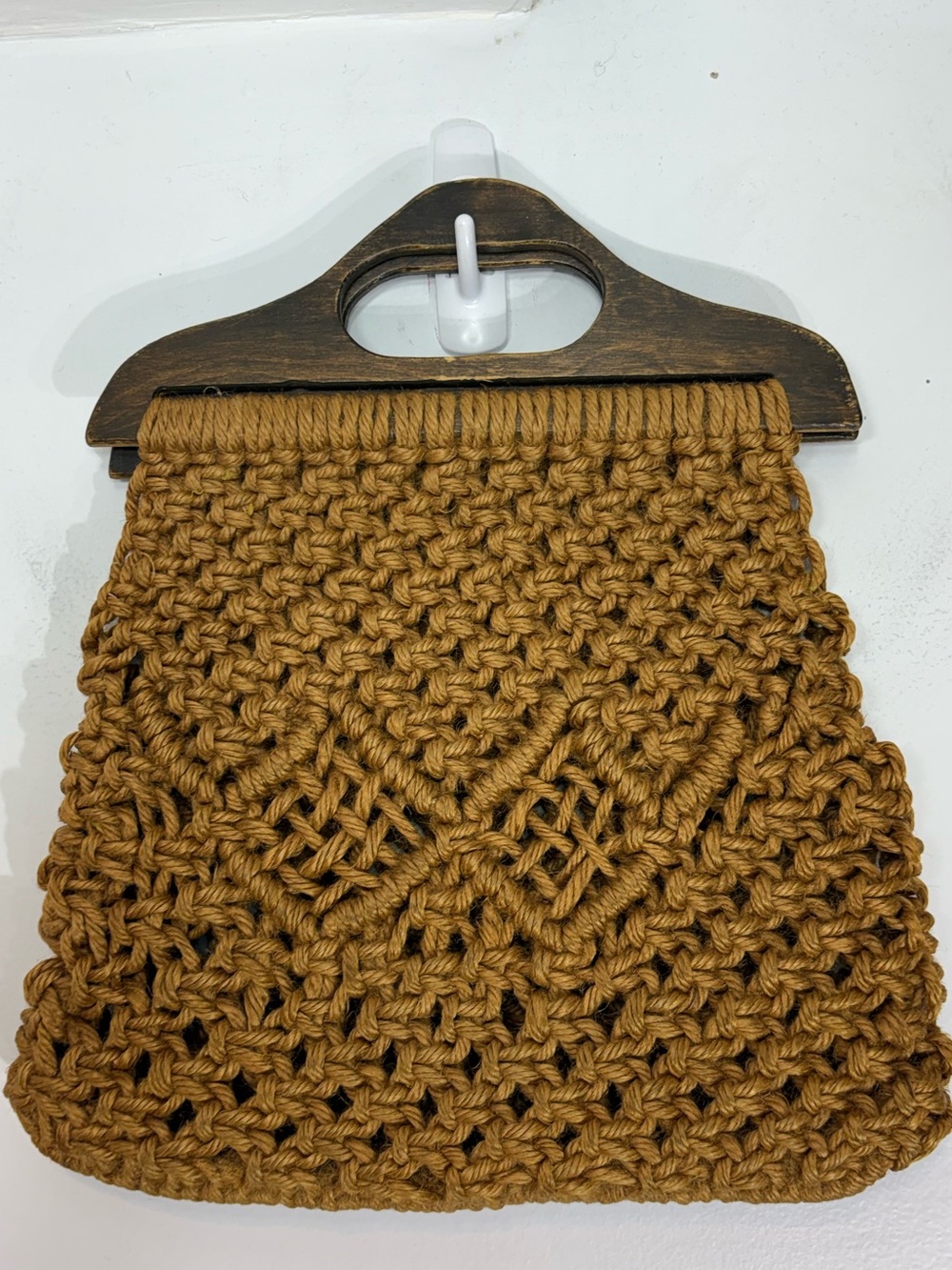 Vintage Macramé Purse Wood Handles Golden Brown Boho